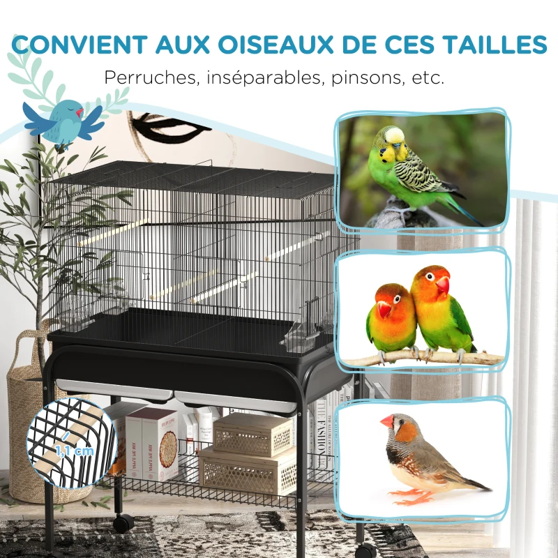 PawHut Grand cage oiseaux cage perroquet avec support roulettes pour cacatoès perruche canaris perroquet 85 x 49 x 119 cm noir