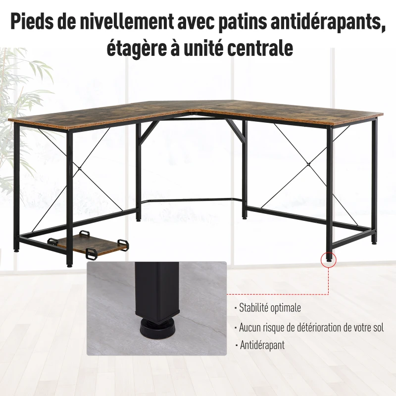 HOMCOM Bureau Informatique Design Industriel Bureau d'angle Support CPU Aspect Vieux Bois métal Noir