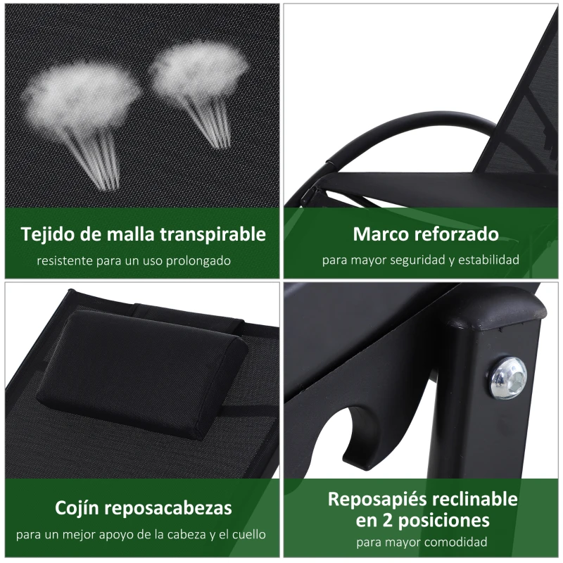 Outsunny Tumbona de Jardín Aluminio Reclinable con Respaldo Ajustable de 5 Niveles Reposapiés Regulable y Reposacabezas Extraíble para Terraza Balcón Exterior 66x152x81 cm Negro