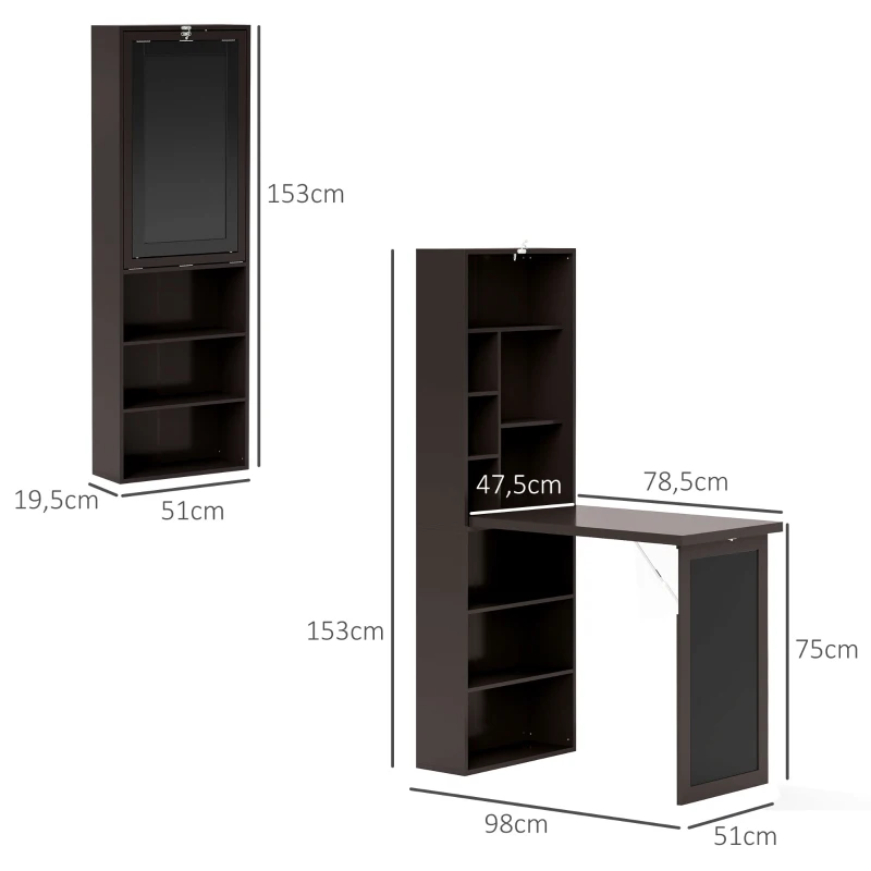 HOMCOM Bureau avec rangement pliable murale rabattable avec bibliothèque poste de travail tableau à craie et étagère réglable(m-3)