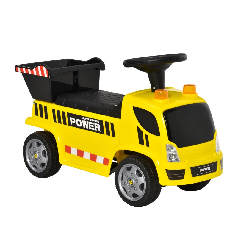 HOMCOM Coche Correpasillos para Bebés de +18 Meses Tipo Camión con Música Faros Caja Abatible y Pala Vehículo sin Pedales de Juguete 72x28,2x42 cm Amarillo