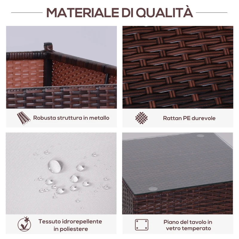 Outsunny Set Mobili da Balcone in PE Rattan, Tavolo da Giardino con Poltroncine e Cuscini, Marrone