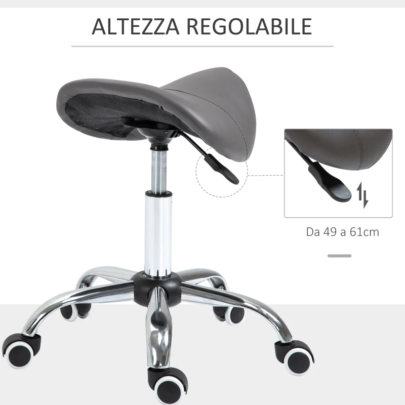 HOMCOM Sgabello da Lavoro a Sella con Ruote e Altezza Regolabile per Negozi Parrucchiere e Tattoo, 52x53x49-61cm Grigio