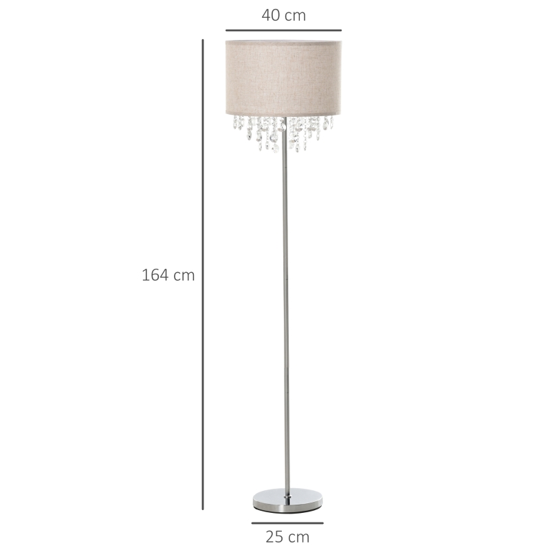 HOMCOM Modern Steel Floor Lamp with Crystal Pendant Fabric Lampshade Floor Switch, Home Style Standing Light for Living Room, Entrance, Office, 164CM, Silver and Cream White