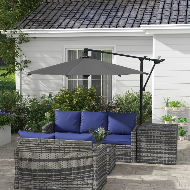 Outsunny Sombrilla de Jardín Giratoria 360° 3x3 m con Manivela Manual 8 Varillas Base Cruzada y Soporte de Acero Gris Oscuro