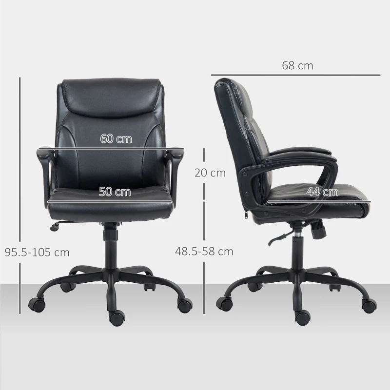 HOMCOM Sedia da Ufficio Reclinabile ad Altezza Regolabile in Finta Pelle e Acciaio, 60x68x95.5-105 cm, Nero