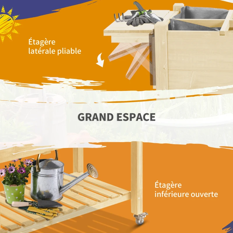 Outsunny Jardinière sur Pied - Potager sur roulettes - étagère, Tablette Rabattable, Inserts d'irrigation, Feutre de Drainage