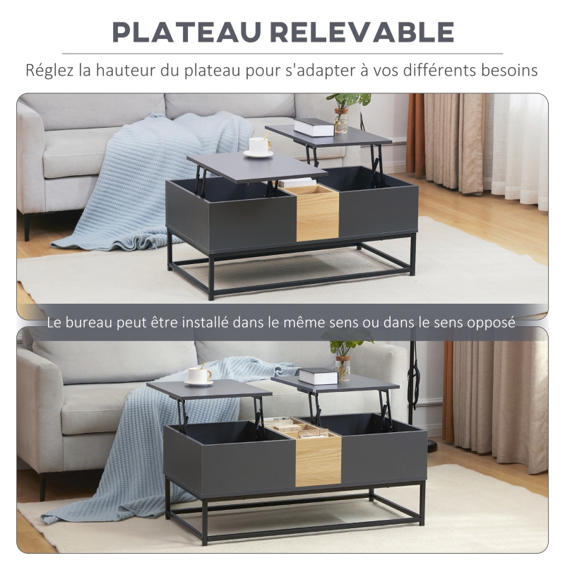 HOMCOM Table basse relevable 2 plateaux avec compartiments cachés et étagères ouvertes effet bois gris foncé