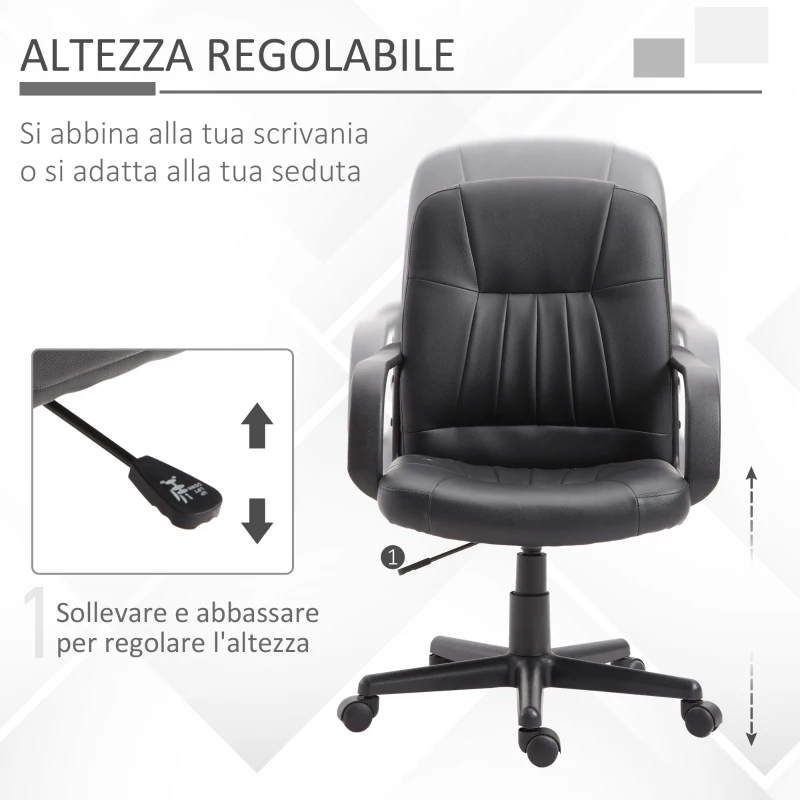 Vinsetto Sedia da Ufficio Ergonomica e Girevole, Poltrona da Ufficio con Altezza Regolabile in Similpelle 60x60x94-103cm Nero