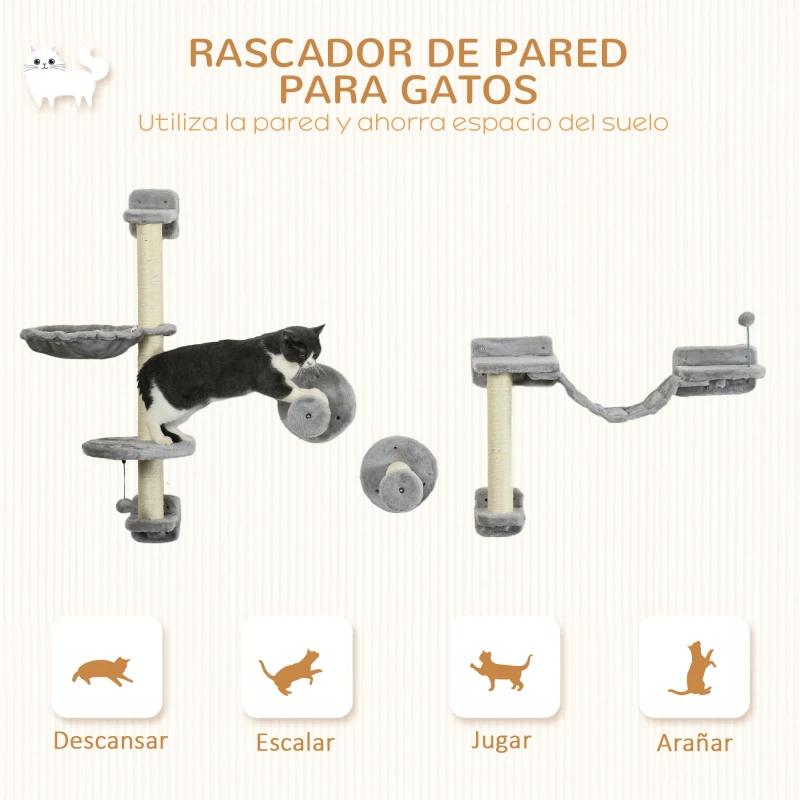 PawHut Juego de Escalada para Gatos de Pared 4 Piezas con Hamaca Bola Plataformas 84,5x19x54 cm Gris y Beige