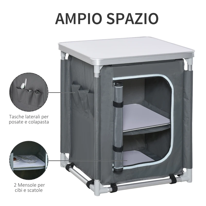 Outsunny Mobile Cucina da Campeggio con 2 Mensole e Sacca di Trasporto, in Alluminio e Tessuto Oxford 60x49x70cm Grigio