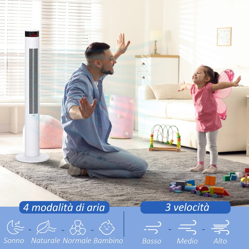HOMCOM Ventilatore a Colonna con 3 Velocità e 4 Modalità, Timer di 12h, Pannello LED e Telecomando, Bianco