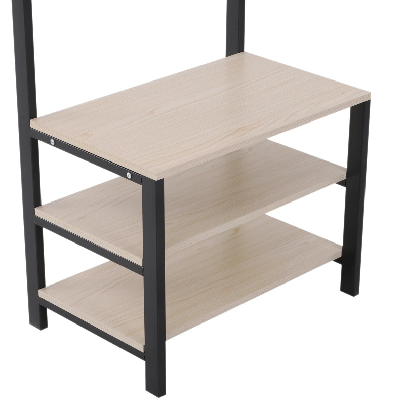 HOMCOM 4 Hooks Wooden Garment Rack Freestanding Coat Rail Storage Shelves Metal Tidy Shoes Clothes Stand Entryway Furniture - 60L x 40W x 175H (cm)