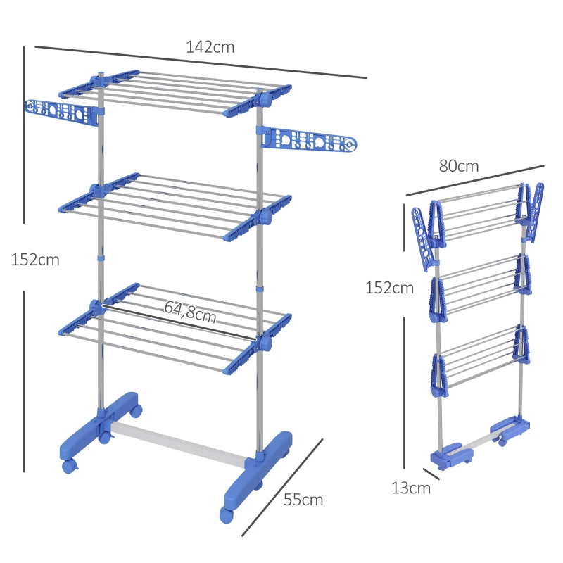 HOMCOM Tendedero Vertical de 3 Niveles con 6 Ruedas 2 Laterales Abatibles Estantes Ajustables y Marco de Acero Inoxidable Azul