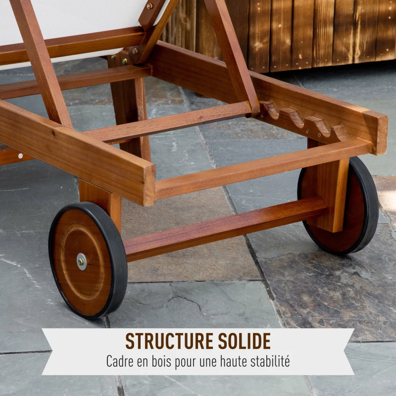 Outsunny Bain de Soleil transat Design Colonial Dossier inclinable 2 Positions roulettes dim. 198L x 60l x 68/87H cm Tissu textilène Blanc Bois Acacia