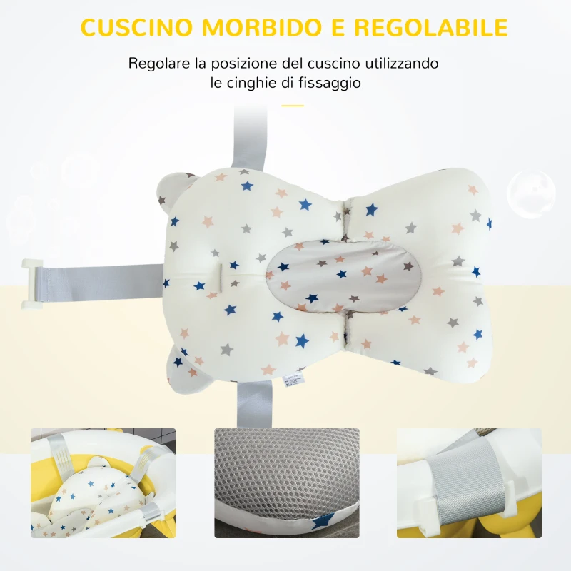 HOMCOM Vaschetta Bagnetto Pieghevole per Bambini 0-3 Anni con Indicatore di Temperatura e Cuscino, 81.5x50.5x23.5 cm, Giallo