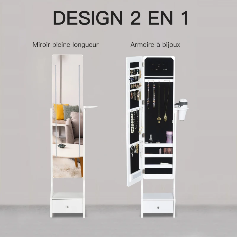 HOMCOM Armoire à Bijoux avec Miroir LED sur Pied Multi-rangements Inclinaison réglable dim. 37L x 30l x H158 cm