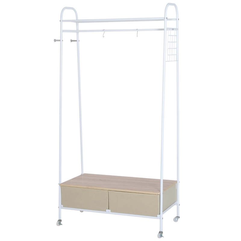 HOMCOM Portant sur roulettes porte-manteaux vestiaire d'entrée multi-rangements penderie, 2 tiroirs, 2 étagères, 2 patères  99L x 47l x 185H cm panneaux particules métal blanc
