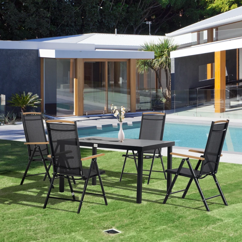 Outsunny Set Tavolo e Sedie da Giardino Pieghevoli e Regolabili per 4 Persone in Alluminio e Texteline, Nero