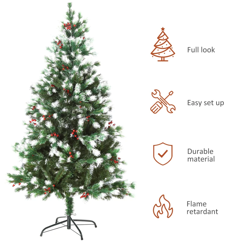 HOMCOM 5ft Snow-Dipped Artificial Christmas Tree w/ Red Berries Metal Base Home Season Decoration Holiday Elegant Traditional