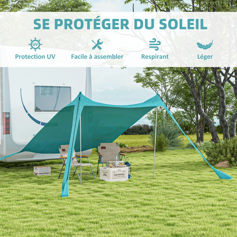 Outsunny Tente de plage, abri solaire de camping, bâche avec 2 poteaux, auvent d'ombrage extérieur - dim. 215L x 200l x 200H cm