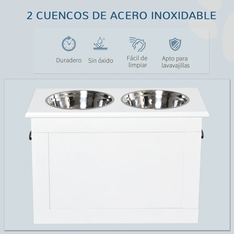 PawHut Cuencos para Perros con 2 Tazones de Acero Inoxidable y Espacio de Almacenaje Oculto 60x30x41 cm Blanco