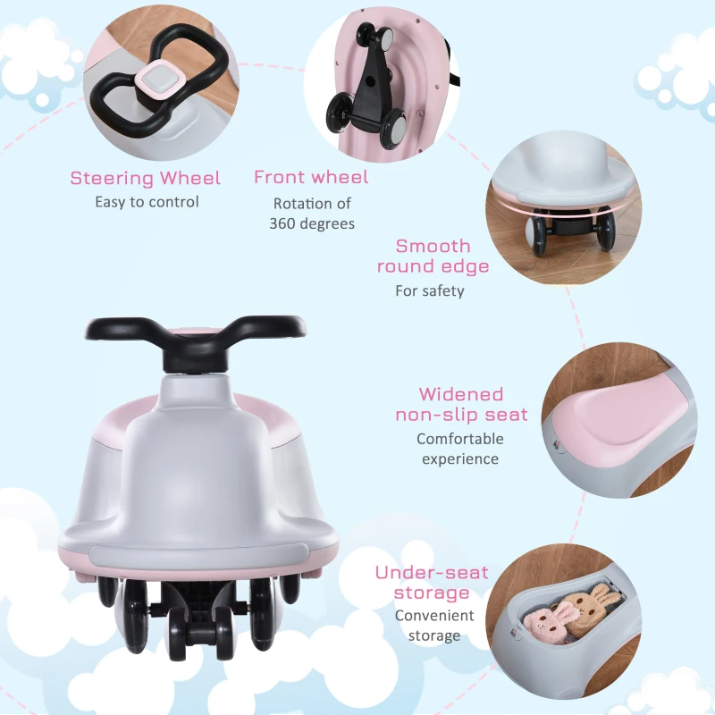 HOMCOM Toddlers Ride on Car Wiggle Car LED Flashing Wheels Dolphin Swing Car for 2-4 Years Grey