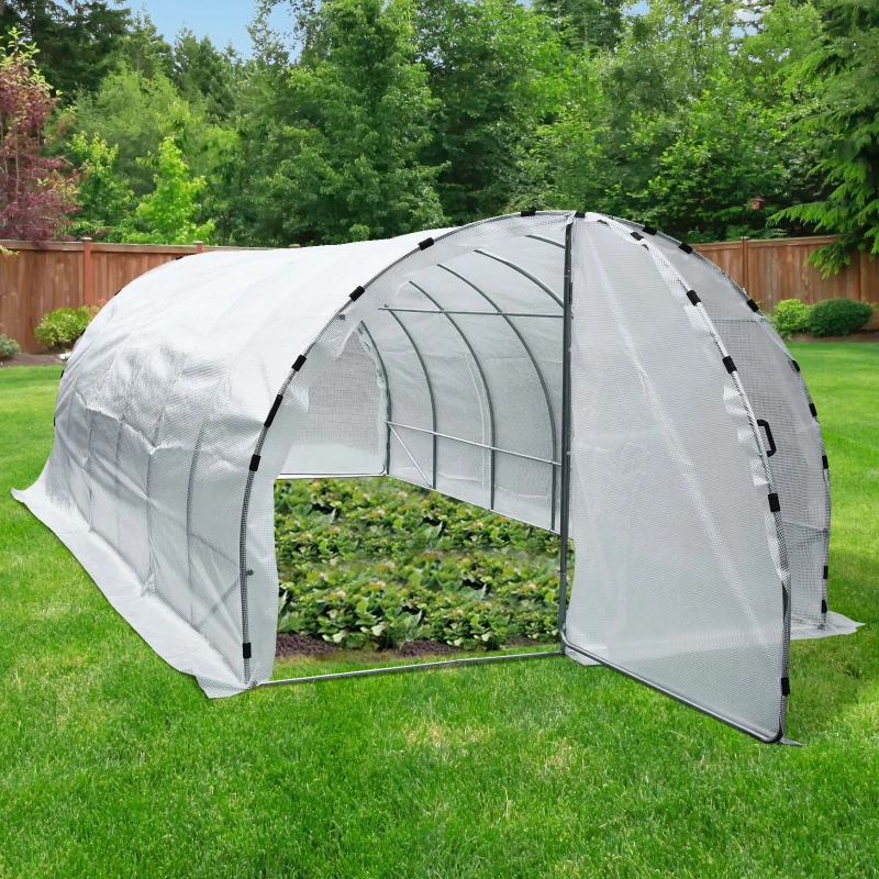 Outsunny Serre de Jardin Tunnel Surface Sol 18 m² 6L x 3l x 2H m châssis Tubulaire renforcé 25 mm Double Porte avec poignées Blanc