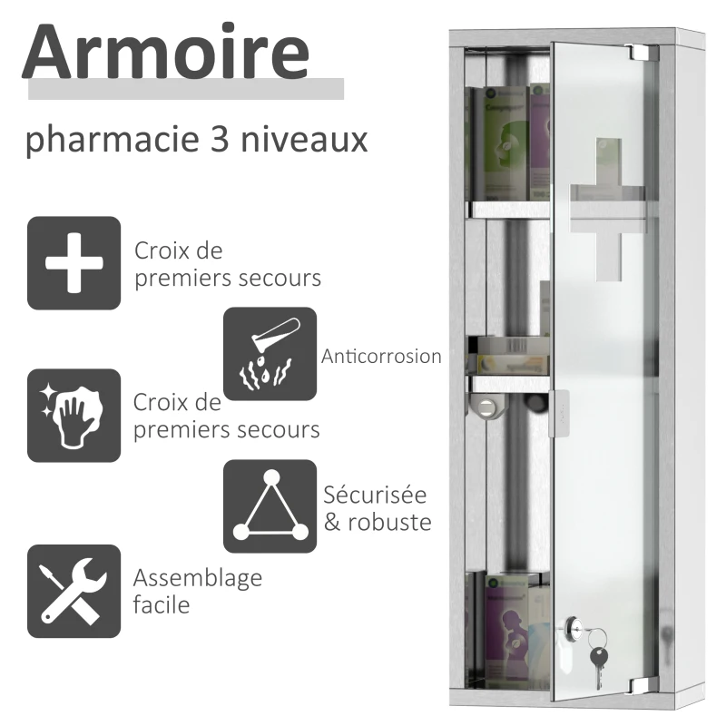 kleankin Armoire à Pharmacie 2 étagères 3 Niveaux 20L x 12l x 58H cm Porte Verre trempé Symbole Croix Acier INOX.