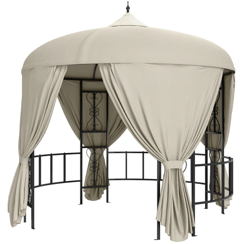 Outsunny Gazebo da Giardino Rotondo Ø3m con Tende e Prese d'Aria in Metallo e Poliestere, Beige