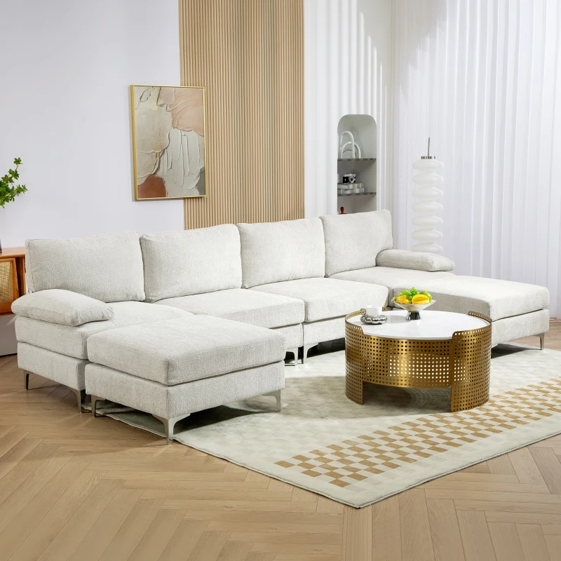 HOMCOM Divano Componibile 4 Pezzi con Poggiapiedi e Cuscini, in Tessuto effetto Ciniglia, 313x149x88 cm, Bianco Crema