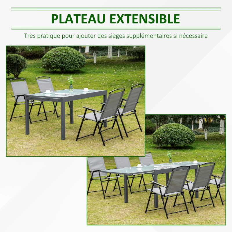 Outsunny Table à manger de jardin extensible table à rallonge rectangulaire plateau verre trempé dépoli châssis aluminium dim. 270L x 90l x 73H cm gris et blanc