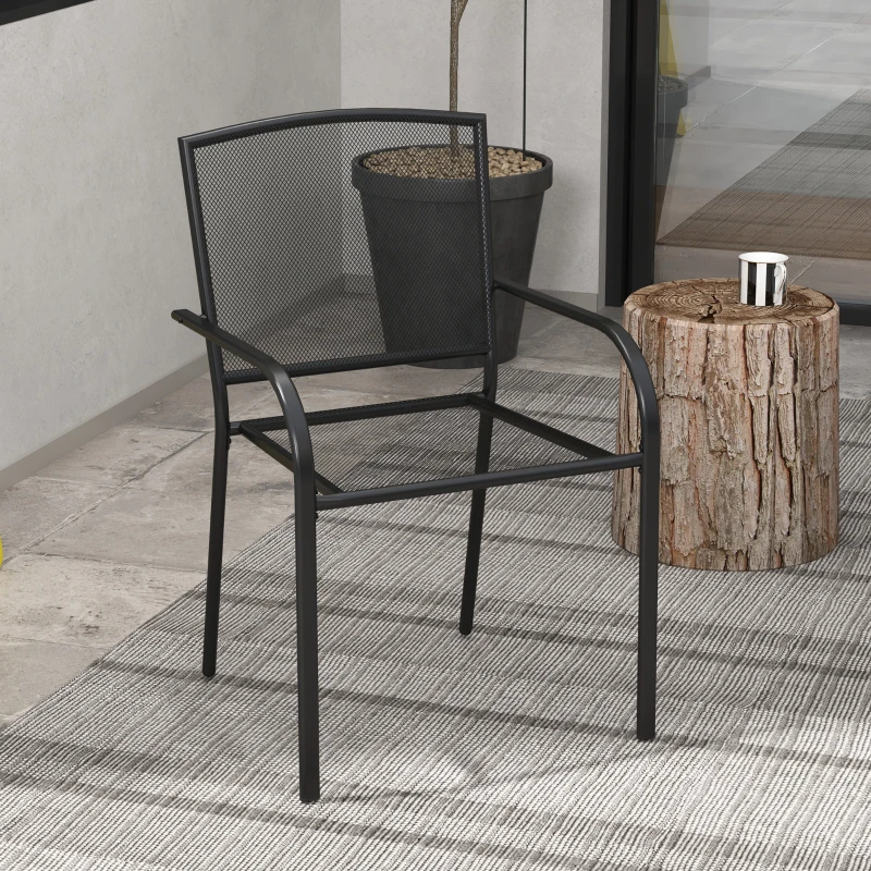 Outsunny Set 2 Sedie da Giardino Impilabili Salvaspazio con Braccioli in Acciaio, Nero