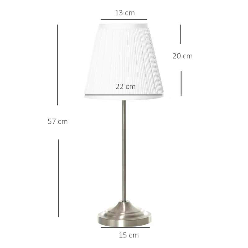 HOMCOM Modern Table Lamp with Pleated Fabric Lampshade and Metal Base, Home Lighting for Living Room, Bedroom, Office, White and Silver