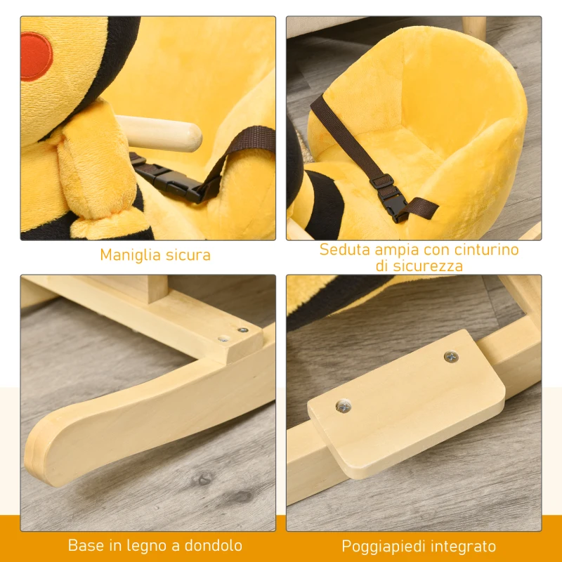 HOMCOM Animale a Dondolo per Bambini a forma di Ape in Legno di Pioppo con Musica, 60x33x45 cm, Giallo e Nero