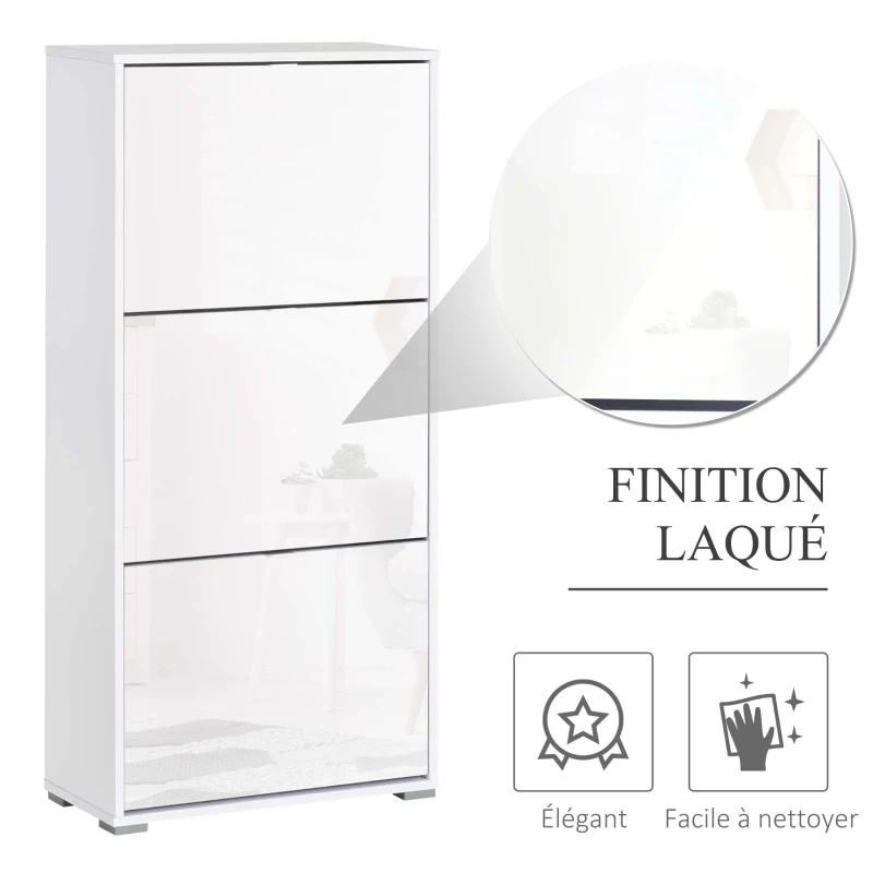 HOMCOM Meuble à Chaussures Armoire à chaussures 3 Portes abattantes 3 Compartiments en bois 60L x 26I x 124H cm Blanc laqué