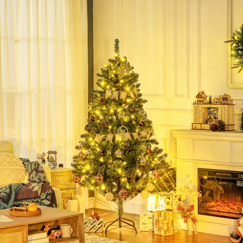 HOMCOM 6' Artificial Prelit Christmas Trees Holiday Décor with Warm White LED Lights, Decoration, Banner, Tag, Ball