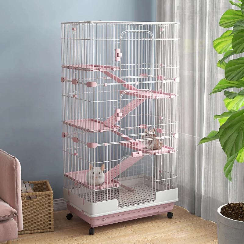 PawHut Six-Tier Small Animal Cage, for Bunnies, Ferrets, Chinchillas w/ Wheels, Tray - Pink