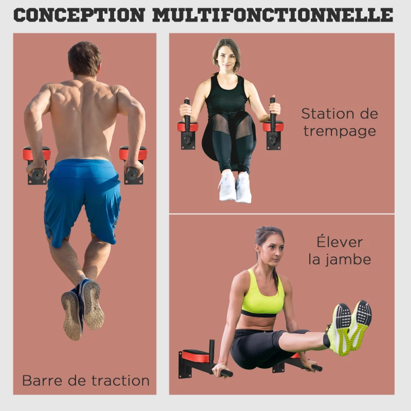 HOMCOM 2 barres de traction à dips et abdominaux rembourrée fixation murale charge maximale 100 kg 53 x 13 x 18 cm noir rouge