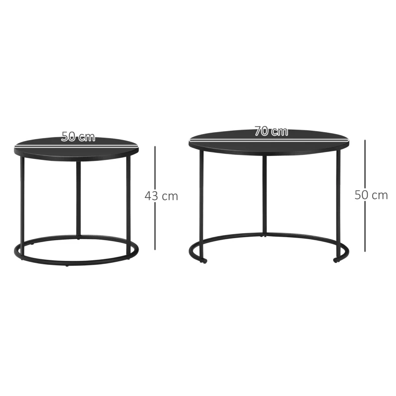 Outsunny Juego de 2 Mesas de Café Ø70x50 cm y Φ50x43 cm Mesitas Auxiliares Redondas de Metal para Jardín Salón Domitorio Carga Máxima de 25 kg Negro