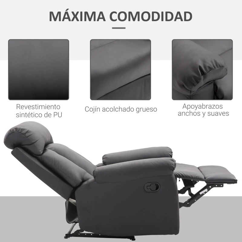 HOMCOM Sillón Relax Reclinable Tapizado en PU Butaca de Salón con Reposapiés Retráctil Respaldo Alto Resposabrazos y Asiento Acolchados Grueso 80x97x107 cm Negro