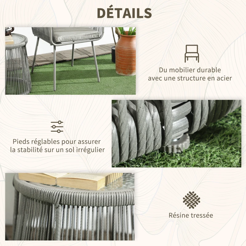 Outsunny Ensemble salon de jardin 3 pièces style colonial 2 fauteuils avec coussins gris table basse résine filaire acier époxy