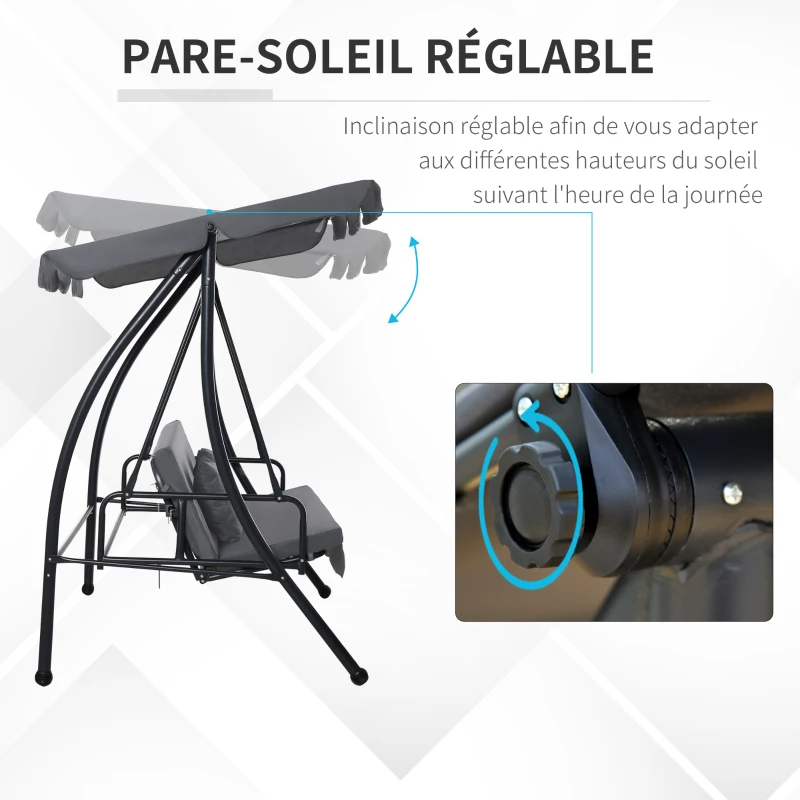 Outsunny Balancelle de Jardin Convertible 3 Places Grand Confort Inclinaison Toit réglable Matelas fourni 2L x 1,25l x 1,7H m métal Polyester Noir Anthracite