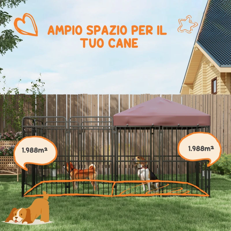 PawHut Recinto per Cani da Esterno in Metallo con Tetto, 282x141x160.5cm, Marrone