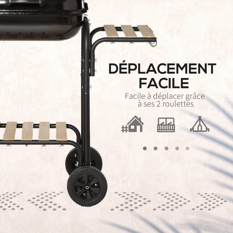 Outsunny Barbecue à charbon BBQ avec 2 roues, ustensiles, couvercle et étagères dim. 113L x 62l x 97H cm - métal émaillé noir