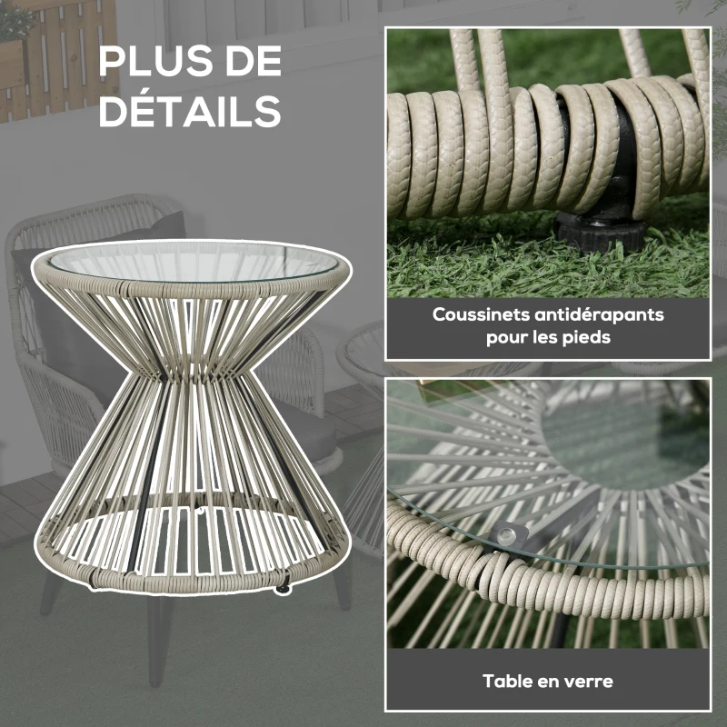 Outsunny Salon de jardin en résine tressée 3 pièces cadre en acier 2 fauteuils + 1 table basse ronde coussins inclus
