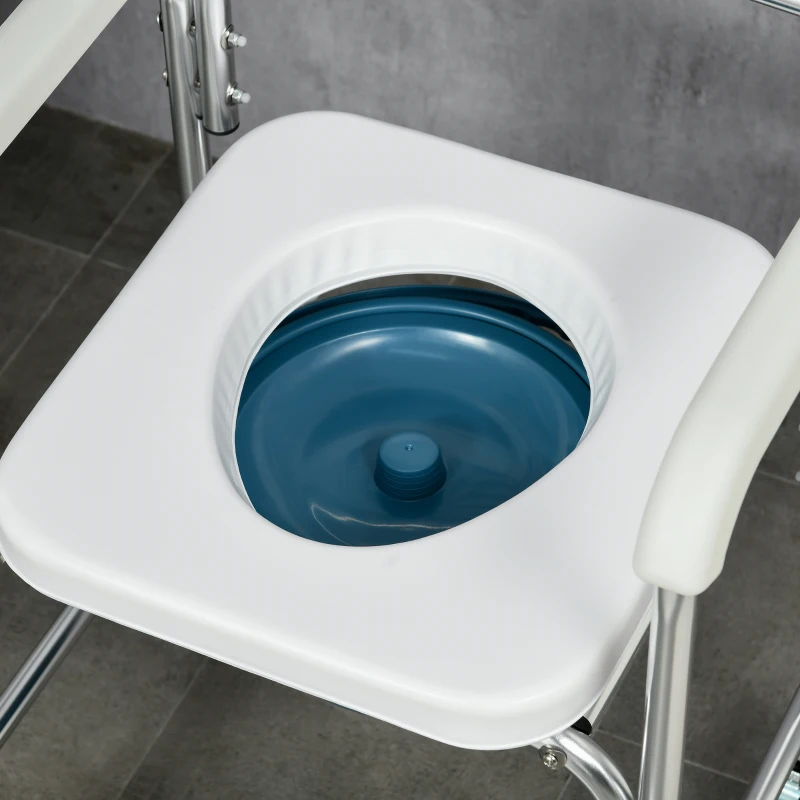 HOMCOM Sedia Comoda con Ruote per Anziani 3 in 1, Sedia per WC in Alluminio con Secchio Rimovibile, Bianco