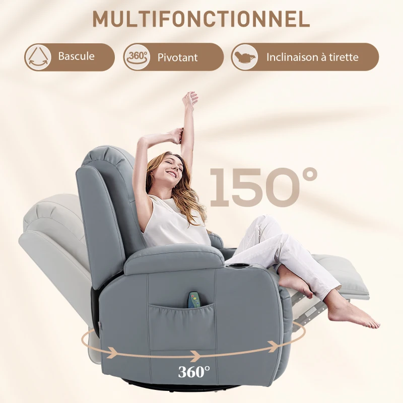 HOMCOM Fauteuil de Massage et Relaxation électrique Chauffant 360° pivotant inclinable manuellement Repose-Pied télécommande(m-5)