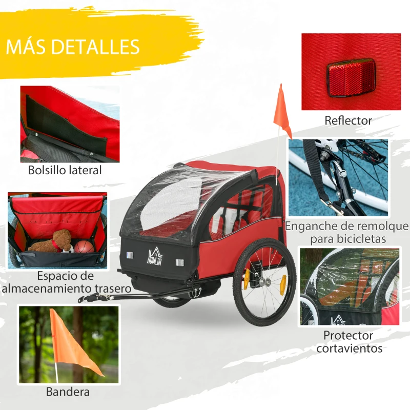 HOMCOM Remolque de Bicicleta para Niños +18 Meses con Cinturón de Seguridad Sistema de Amortiguador 140x88x90 cm Rojo