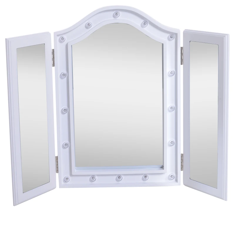 HOMCOM Espejo de Maquillaje con Luz LED Plegable Espejo Triple de Mesa Regalo Original para Mujer Cargo con Batería Espejo Cosmético con Iluminación 73x53.5x4.5cm